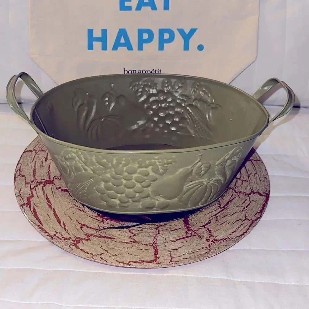 Metal Tin Bowl with Handles Green Fruit Harvest Dented Design